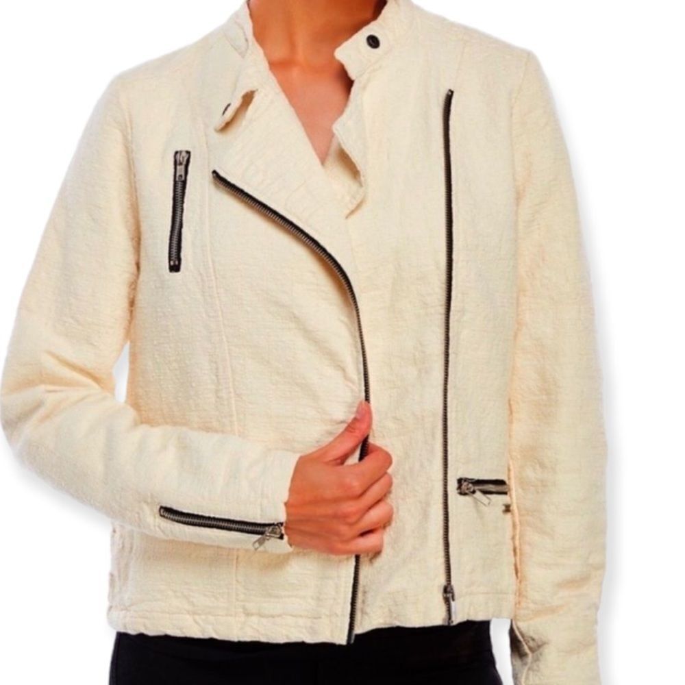 Ivory Textured Cotton Mid Weight Biker Jacket